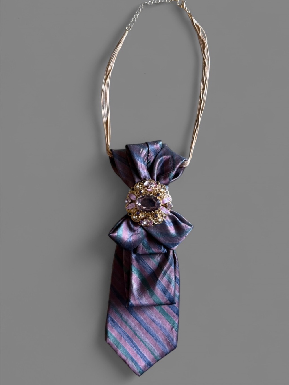 Re-Styled Yves Saint Laurent Silk Necktie Necklace w/Rare W. Germany Brooch - Picture 3 of 5